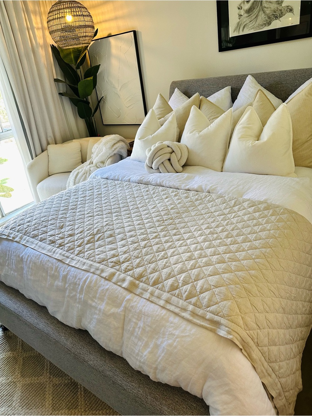 Pottery Barn “Belgian Flax Linen Diamond Quilt”-King